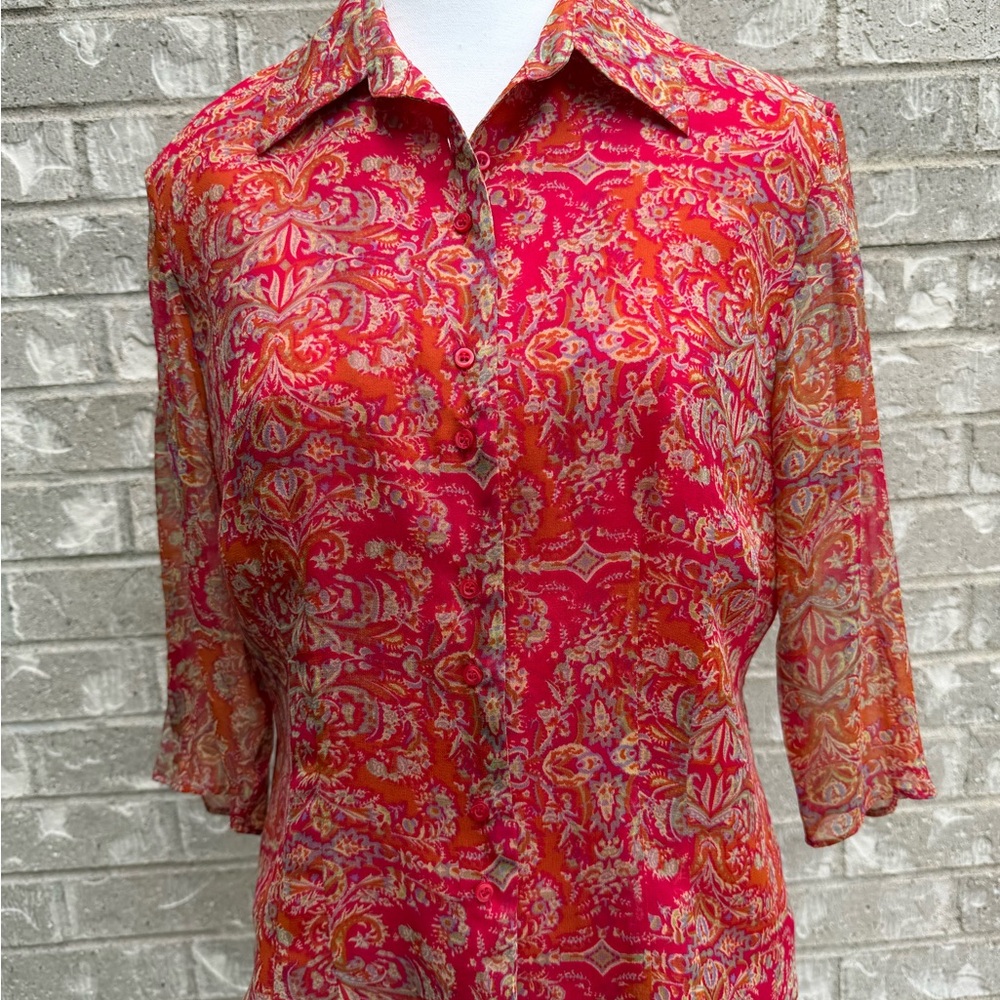 Women's Paisley Button-Up Blouse - Red and Orange